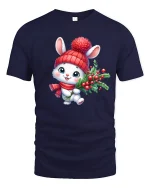 Cute Christmas Bunny Tee with Holiday Berries and Cozy Hat - navy t-shirt on white background