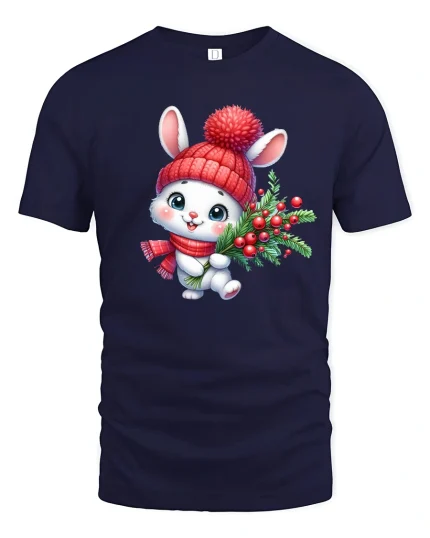 Cute Christmas Bunny Tee with Holiday Berries and Cozy Hat - navy t-shirt on white background