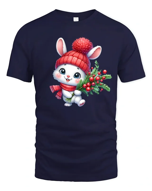 Cute Christmas Bunny Tee with Holiday Berries and Cozy Hat - navy t-shirt on white background
