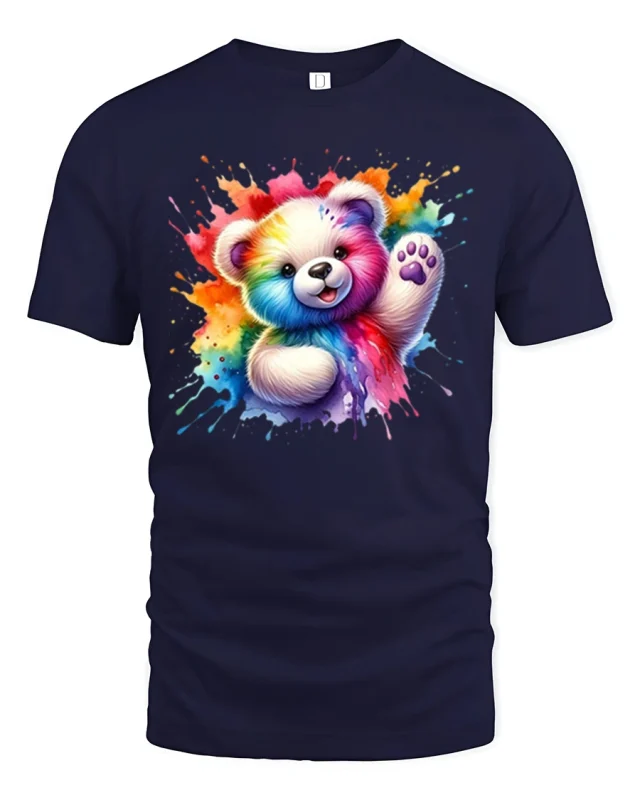 Rainbow Splash Teddy Bear Tee Cute Colorful Art Shirt - navy t-shirt on white background