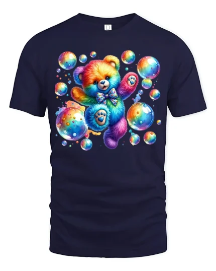 Rainbow Bubble Teddy Bear Tee Cute Colorful Cartoon Tshirt - navy t-shirt on white background