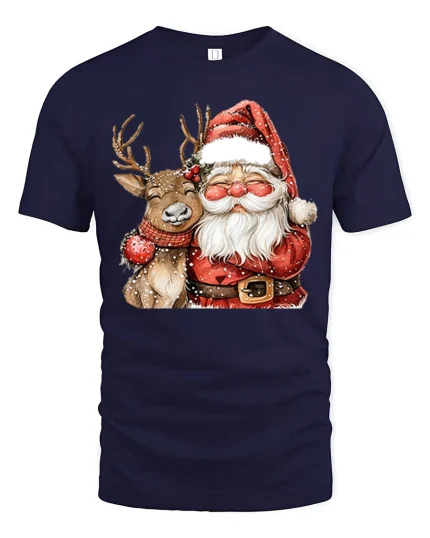 Santa and Reindeer Hug Tee Cute Christmas Friends Tshirt - navy t-shirt on white background
