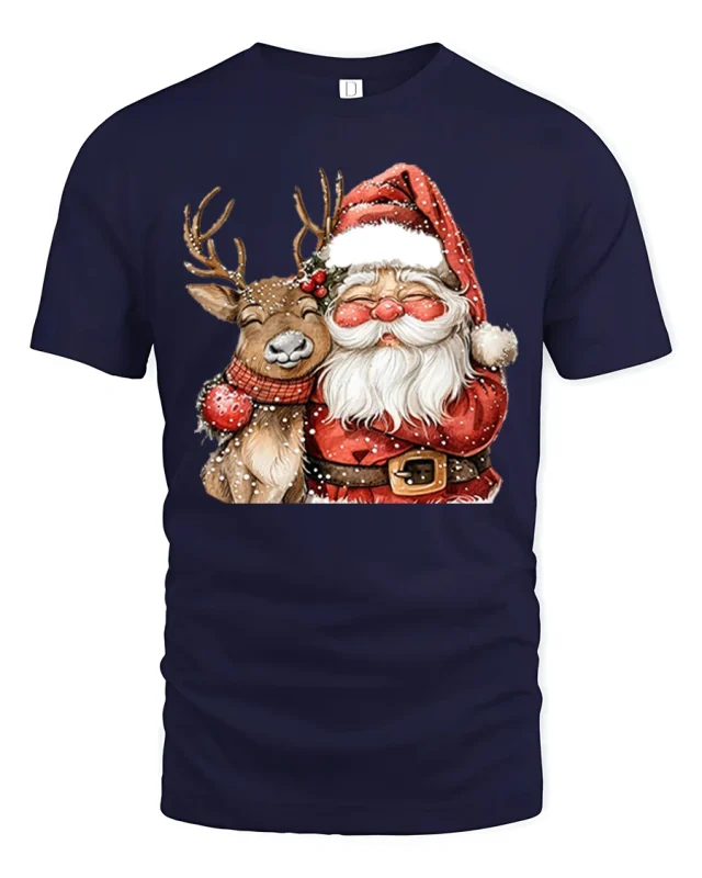 Santa and Reindeer Hug Tee Cute Christmas Friends Tshirt - navy t-shirt on white background