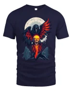 Flaming Raven Skull Spirit Tee for Dark Fantasy Fans - navy t-shirt on white background