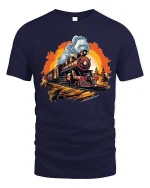 Vintage Steam Train Adventure Graphic Tee for Rail Fans - navy t-shirt on white background