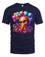 Cute Balloon Party Octopus Kawaii Happy Celebration Tee - navy t-shirt on white background