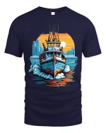Retro Fishing Boat Adventure Sunset Ocean Graphic Tee - navy t-shirt on white background