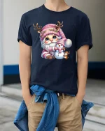 Cute Pink Christmas Gnome Snowman Friends Holiday Graphic Tee - model wearing navy tee with hands in pockets