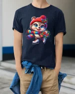 Cute Winter Skater Critter Tee with Flowers and Colorful Scarf - model wearing navy tee with hands in pockets