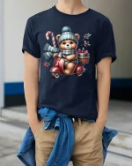 Christmas Teddy Scooter Ride Tee with Candy Cane and Gifts - model wearing navy tee with hands in pockets