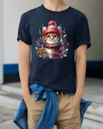 Cozy Winter Kitty Christmas Tee with Scarf and Beanie - model wearing navy tee with hands in pockets