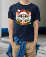 Cute Christmas Mouse Tee with Santa Hat and Winter Flowers - model wearing navy tee with hands in pockets