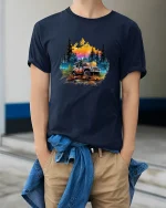 Mountain Adventure Offroad Jeep Tee for Outdoor Explorers - model wearing navy tee with hands in pockets