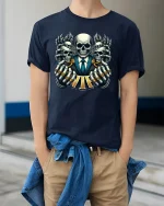 VIP Skull Power Tee with Epic Skeleton Suit Art - model wearing navy tee with hands in pockets