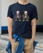 Urban Skeleton Duo Streetwear Tee with Cool Hoodie Art - model wearing navy tee with hands in pockets