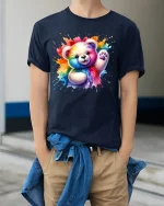Rainbow Splash Teddy Bear Tee Cute Colorful Art Shirt - model wearing navy tee with hands in pockets