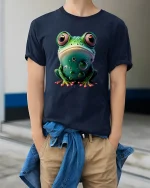 Cute Bubble Frog Tee Big Eyed Colorful Amphibian Shirt - model wearing navy tee with hands in pockets