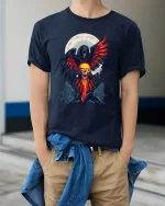Flaming Raven Skull Spirit Tee for Dark Fantasy Fans - model wearing navy tee with hands in pockets