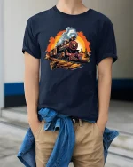 Vintage Steam Train Adventure Graphic Tee for Rail Fans - model wearing navy tee with hands in pockets