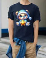 Cute Pajama Bear Holding Star Cozy Nighttime Graphic Tee - model wearing navy tee with hands in pockets