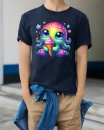 Kawaii Rainbow Octopus Ice Cream Cute Summer Graphic Tee - model wearing navy tee with hands in pockets