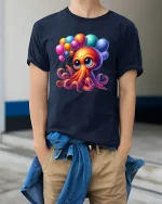 Cute Balloon Party Octopus Kawaii Happy Celebration Tee - model wearing navy tee with hands in pockets