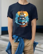 Retro Fishing Boat Adventure Sunset Ocean Graphic Tee - model wearing navy tee with hands in pockets