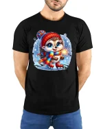Winter Sparkle Hedgehog Ice Skating Christmas Tee - model wearing black tee with hands behind back