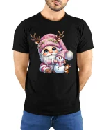Cute Pink Christmas Gnome Snowman Friends Holiday Graphic Tee - model wearing black tee with hands behind back