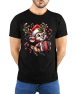Cute Musical Reindeer Christmas Tee with Festive Accordion - model wearing black tee with hands behind back