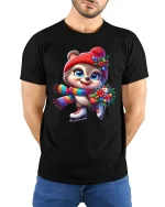 Cute Winter Skater Critter Tee with Flowers and Colorful Scarf - model wearing black tee with hands behind back
