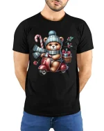 Christmas Teddy Scooter Ride Tee with Candy Cane and Gifts - model wearing black tee with hands behind back