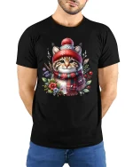 Cozy Winter Kitty Christmas Tee with Scarf and Beanie - model wearing black tee with hands behind back