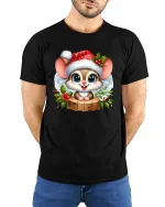 Cute Christmas Mouse Tee with Santa Hat and Winter Flowers - model wearing black tee with hands behind back