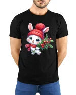 Cute Christmas Bunny Tee with Holiday Berries and Cozy Hat - model wearing black tee with hands behind back