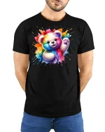 Rainbow Splash Teddy Bear Tee Cute Colorful Art Shirt - model wearing black tee with hands behind back