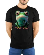 Cute Bubble Frog Tee Big Eyed Colorful Amphibian Shirt - model wearing black tee with hands behind back