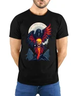 Flaming Raven Skull Spirit Tee for Dark Fantasy Fans - model wearing black tee with hands behind back