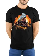 Vintage Steam Train Adventure Graphic Tee for Rail Fans - model wearing black tee with hands behind back