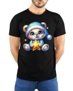 Cute Pajama Bear Holding Star Cozy Nighttime Graphic Tee - model wearing black tee with hands behind back
