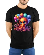 Cute Balloon Party Octopus Kawaii Happy Celebration Tee - model wearing black tee with hands behind back