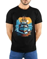 Retro Fishing Boat Adventure Sunset Ocean Graphic Tee - model wearing black tee with hands behind back