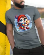 Winter Sparkle Hedgehog Ice Skating Christmas Tee - model wearing grey tee, leaning on column