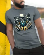 VIP Skull Power Tee with Epic Skeleton Suit Art - model wearing grey tee, leaning on column