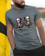 Urban Skeleton Duo Streetwear Tee with Cool Hoodie Art - model wearing grey tee, leaning on column