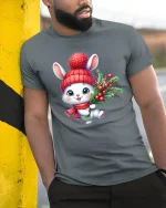 Cute Christmas Bunny Tee with Holiday Berries and Cozy Hat - model wearing grey tee, leaning on column