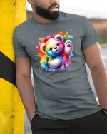 Rainbow Splash Teddy Bear Tee Cute Colorful Art Shirt - model wearing grey tee, leaning on column