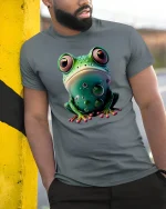 Cute Bubble Frog Tee Big Eyed Colorful Amphibian Shirt - model wearing grey tee, leaning on column