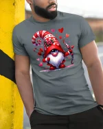 Valentine Cupid Gnome Tee Cute Heart Archer Tshirt - model wearing grey tee, leaning on column
