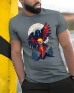 Flaming Raven Skull Spirit Tee for Dark Fantasy Fans - model wearing grey tee, leaning on column